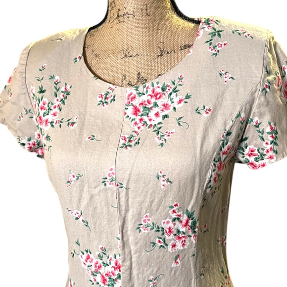 Handmade Vintage Cotton Floral Pleated Beige Dress S - Picture 3 of 10